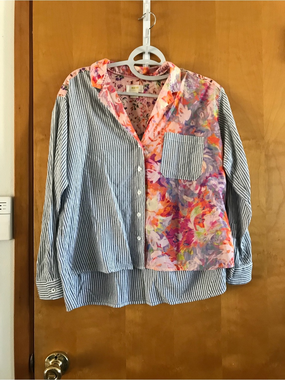Anthropologie Mixed-Print Button-Down Shirt in Pink Floral & Blue Stripe
